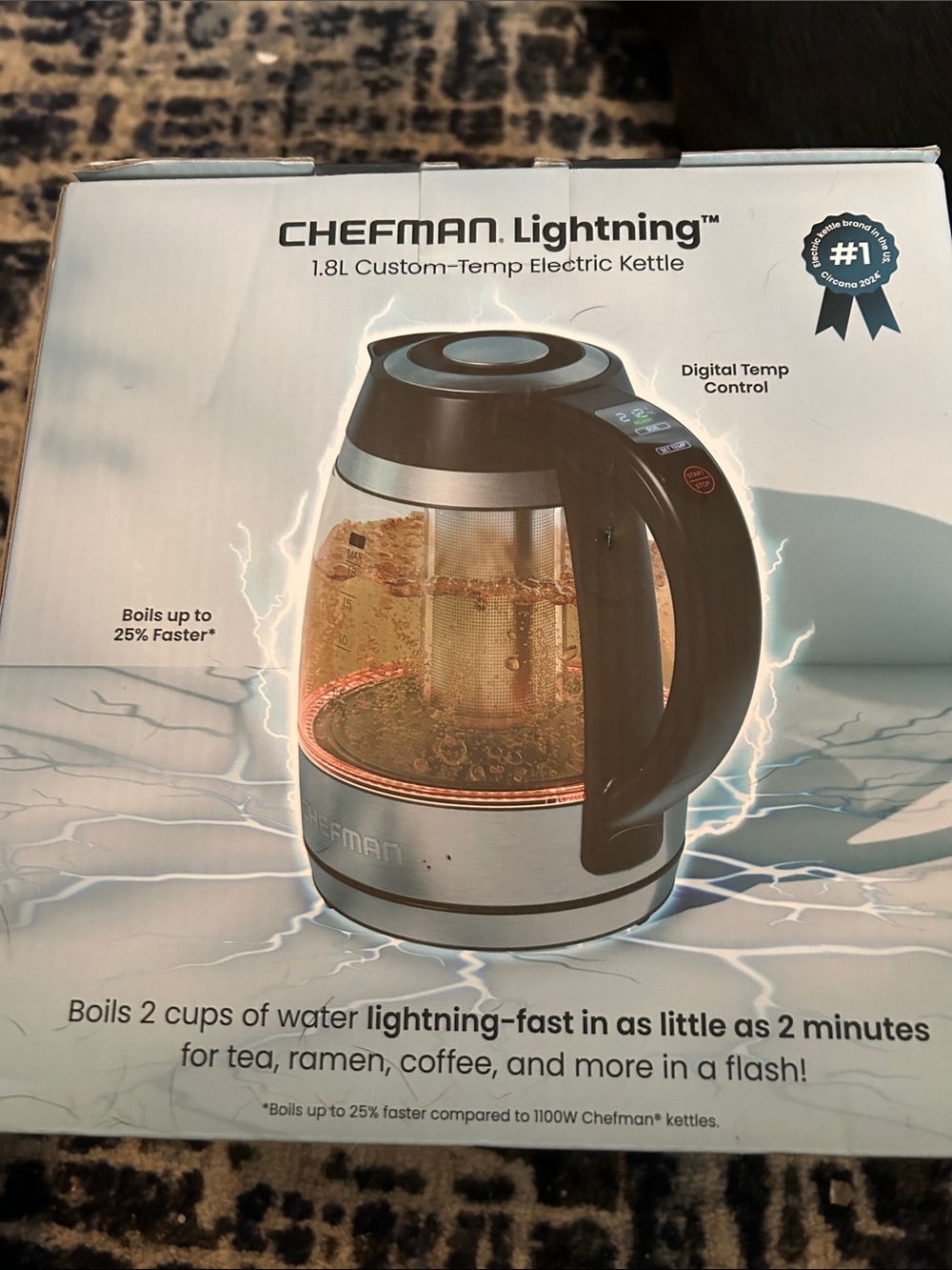 Chefman Lightning 1.8L Custom-Temp Electric Kettle - Black and Silver